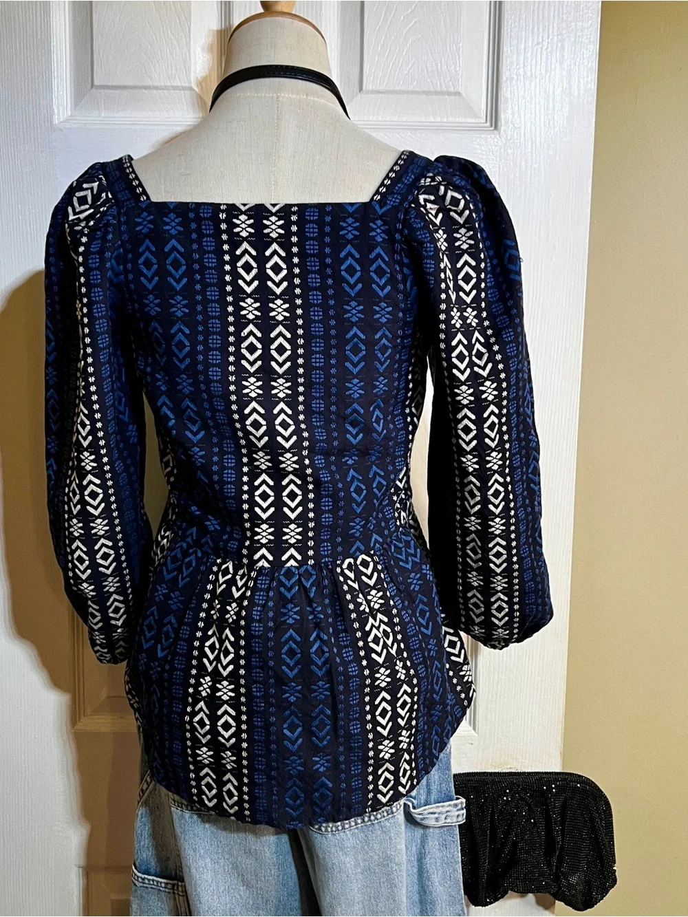 Madewell Lightspun Blue Millbrook Puff Sleeve Geo Print Cotton Peplum Top XXS